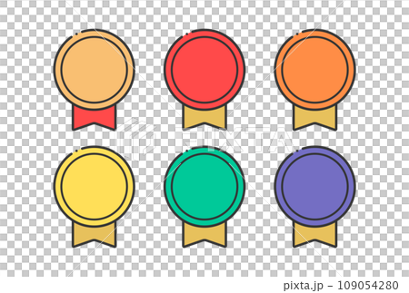 一組徽章、徽章和獎牌圖標,帶有簡單可愛的絲帶 - 排名和等級的圖像 一組徽章、徽章和獎牌圖標,帶有簡單可愛的絲帶 - 排名和等級的圖像 109054280