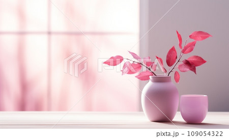 Fragment of modern cozy living room in pink colors. Branches with pink leaves in a vase standing on a table against the background of panoramic window. Beautiful light from the window. 109054322