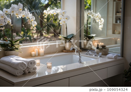 Fragment of modern stylish bathroom in natural colors. Wall-hung countertop with built-in sink, flowers and candles, large panoramic window with picturesque garden view. Contemporary interior design. Fragment of modern stylish bathroom in natural colors. Wall-hung countertop with built-in sink, flowers and candles, large panoramic window with picturesque garden view. Contemporary interior design. 109054324