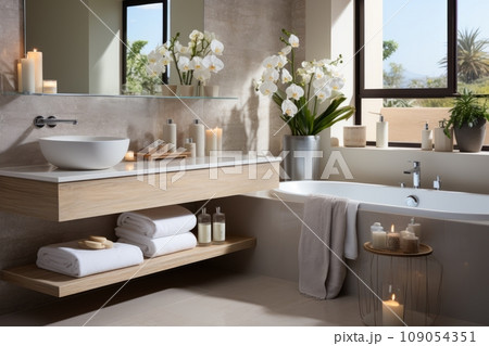 Interior of modern stylish bathroom in natural colors. Bathtub, sink on a wooden wall-hung countertop, flowers and candles, large panoramic window with picturesque view. Contemporary interior design. Interior of modern stylish bathroom in natural colors. Bathtub, sink on a wooden wall-hung countertop, flowers and candles, large panoramic window with picturesque view. Contemporary interior design. 109054351