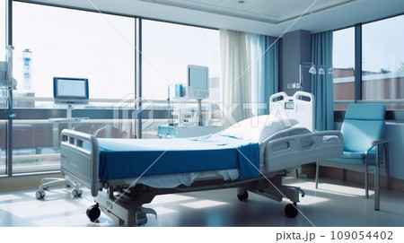 Interior of empty ward in modern hospital. Recovery room with bed and complex medical equipment. Clean and comfortable room with bed in a new medical center for treatment and examination of patients. Interior of empty ward in modern hospital. Recovery room with bed and complex medical equipment. Clean and comfortable room with bed in a new medical center for treatment and examination of patients. 109054402