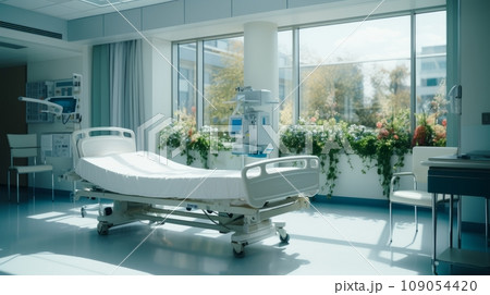 Interior of empty ward in modern hospital. Recovery room with bed and complex medical equipment. Clean and comfortable room with bed in a new medical center for treatment and examination of patients. Interior of empty ward in modern hospital. Recovery room with bed and complex medical equipment. Clean and comfortable room with bed in a new medical center for treatment and examination of patients. 109054420