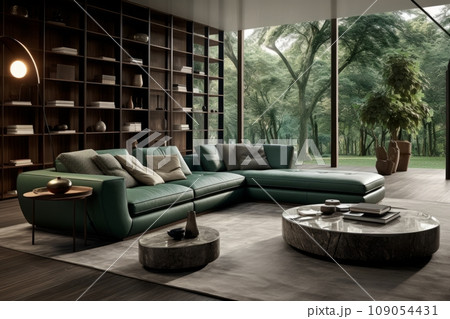 Interior of stylish living room in modern villa. Green cushioned furniture, round coffee table, rug on the floor, glass wall overlooking scenic landscape. Luxurious minimalism, expensive materials. Interior of stylish living room in modern villa. Green cushioned furniture, round coffee table, rug on the floor, glass wall overlooking scenic landscape. Luxurious minimalism, expensive materials. 109054431
