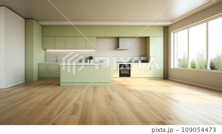 Interior of modern minimalist kitchen. White walls, hardwood floor, pistachio facades, built-in home appliances, indoor plants in pots, large windows. Mock up. Interior of modern minimalist kitchen. White walls, hardwood floor, pistachio facades, built-in home appliances, indoor plants in pots, large windows. Mock up. 109054473