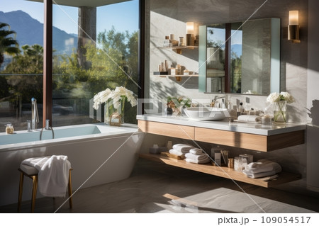 Interior of modern stylish bathroom in natural colors. Bathtub, sink on a wooden wall-hung countertop, flowers and candles, large panoramic window with picturesque view. Contemporary interior design. Interior of modern stylish bathroom in natural colors. Bathtub, sink on a wooden wall-hung countertop, flowers and candles, large panoramic window with picturesque view. Contemporary interior design. 109054517