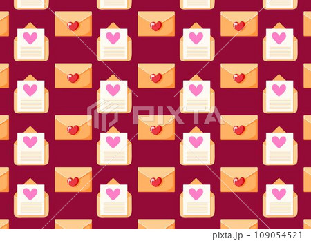 Letter and envelope with heart seamless pattern. Valentines Day wrapping paper, wallpaper, background. Vector illustration. 109054521