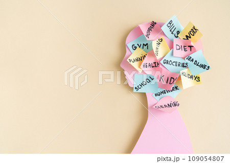 Mental load concept - female pink profile, head covered with post-it notes with different life aspects 109054807