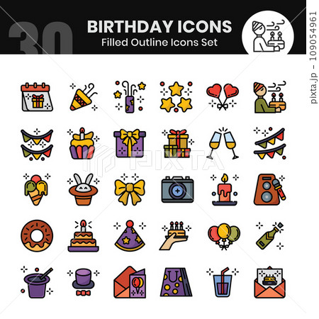 Birthday Icons Bundle. Filled outline icon style. Vector illustrations 109054961