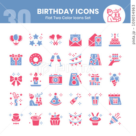 Birthday Icons Bundle. Flat two color icon style. Vector illustrations Birthday Icons Bundle. Flat two color icon style. Vector illustrations 109054963
