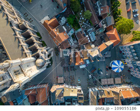 Halle, Flemish Brabant Region, Belgium, 06 09 2023, Sun rising over Halle, Aerial view, top down, of Halle, Flemish Brabant Region, Belgium, 06 09 2023, Sun rising over Halle, Aerial view, top down, of 109055186