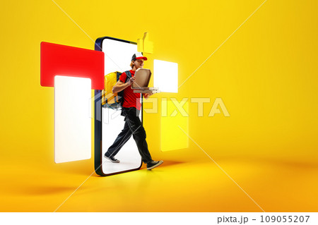 Creative collage with photo and 3d model phone from which going out delivery man with boxes of hot tasty pizza isolated yellow background. Creative collage with photo and 3d model phone from which going out delivery man with boxes of hot tasty pizza isolated yellow background. 109055207