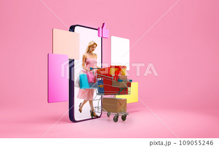 Collage with photo and 3d model of phone. Woman go out with shopping basket with Christmas gifts on pink background with likes and positive comments. 109055246