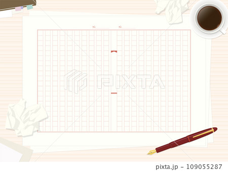 原稿用紙と万年筆、コーヒー、くしゃくしゃの紙の背景 白い木目の机 原稿用紙と万年筆、コーヒー、くしゃくしゃの紙の背景 白い木目の机 109055287