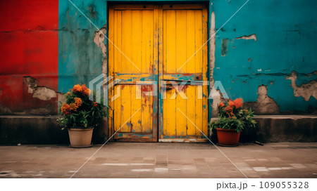 Flowers pots near old textured wall. Beautiful botany garden decorated with wooden door with pink angela climbing rose, pretty tiny flowers Flowers pots near old textured wall. Beautiful botany garden decorated with wooden door with pink angela climbing rose, pretty tiny flowers 109055328