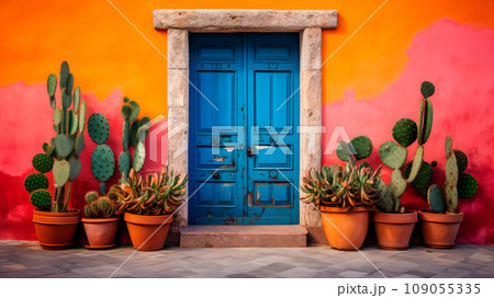 Plants on an orange wall. Mexico traditional colorful architecture with colourful orange house with old wooden door and on street. Generative AI  109055335