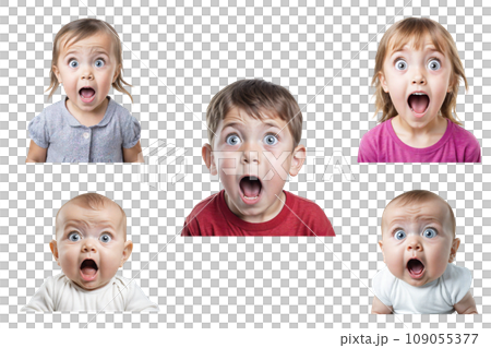 驚いた表情の子供の顔の切抜き素材集(背景透過) 驚いた表情の子供の顔の切抜き素材集(背景透過) 109055377