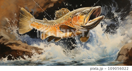 Trout jumping out of the wild lake, fishing concept 109056022