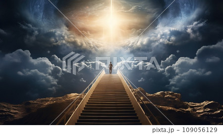 Stairway to heaven, with flare effects and clouds around, a place regarded in various religions as the abode of God and the angels Stairway to heaven, with flare effects and clouds around, a place regarded in various religions as the abode of God and the angels 109056129