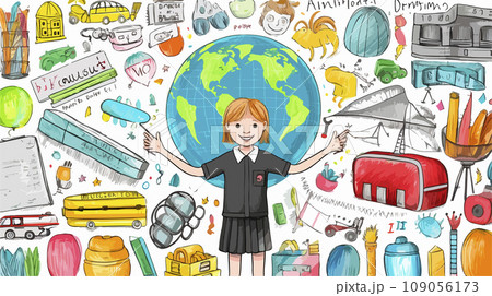 Back to the school vector illustration. School desk with childish doodles. Chalk illustrations. 109056173