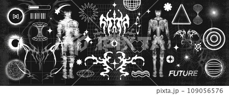 Retro futuristic space print set, vector science cyber fiction graphic element pixel human figure.  109056576