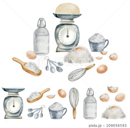 Ingredients and utensils constructor on an isolated white background. Watercolor set of elements to create a food design. Illustration of flour, scales and eggs products. Ingredients and utensils constructor on an isolated white background. Watercolor set of elements to create a food design. Illustration of flour, scales and eggs products. 109056593