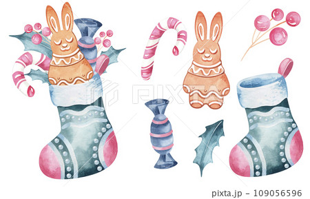 Christmas stocking with a gift. Watercolor children's illustration of a green stocking on an isolated background. Separate elements of gingerbread, lollipop. Hand-drawn for baby development, postcard. 109056596