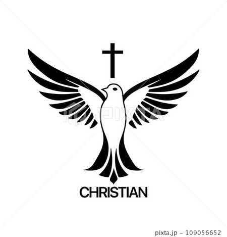 Christian Logo template with dove, pigeon. Black and white christian holy spirit symbol. 109056652