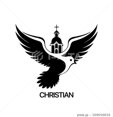 Christian Logo template with dove, pigeon. Black and white christian holy spirit symbol. Christian Logo template with dove, pigeon. Black and white christian holy spirit symbol. 109056658