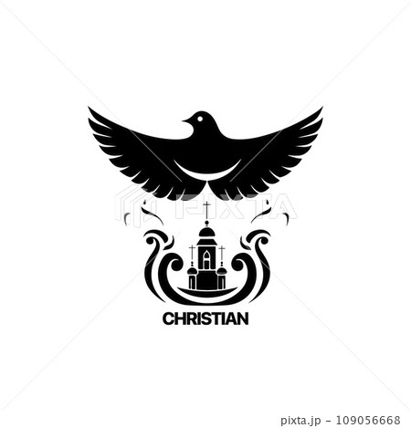 Christian Logo template with church, temple and dove wings. Black and white christian symbol. Pigeon wings and church tower logotype. Christian Logo template with church, temple and dove wings. Black and white christian symbol. Pigeon wings and church tower logotype. 109056668