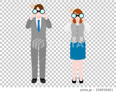 一名男性和女性辦公室職員驚訝地透過雙筒望遠鏡發現某些東西的插圖 109056861