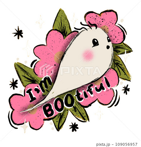 Hand drawn illustration of cute white orange Halloween ghost in with flowers leaves I am bootiful boo concept. Funny kids nursery holiday design in watercolor, creepy spooky print for children . 109056957
