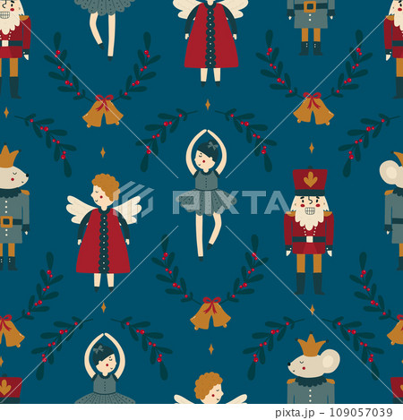 Christmas decorations flat vector seamless pattern. Traditional winter holiday cartoon texture. Christmas decorations flat vector seamless pattern. Traditional winter holiday cartoon texture. 109057039