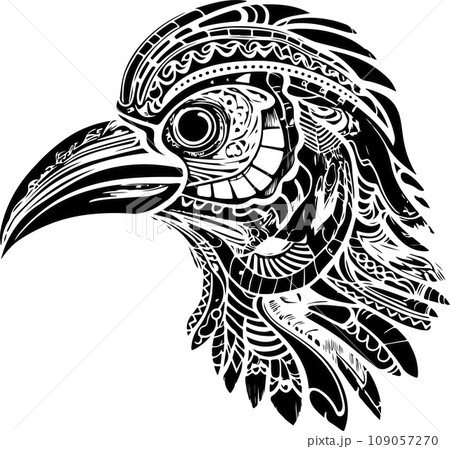 Vector ornamental ancient raven, crow illustration. Abstract historical mythology bird head logo. Good for print or tattoo 109057270