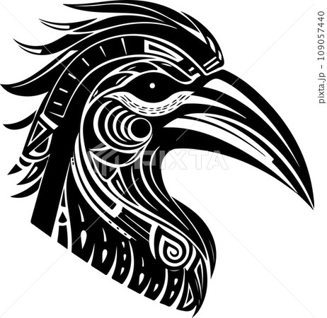 Vector ornamental ancient raven, crow illustration. Abstract historical mythology bird head logo. Good for print or tattoo Vector ornamental ancient raven, crow illustration. Abstract historical mythology bird head logo. Good for print or tattoo 109057440