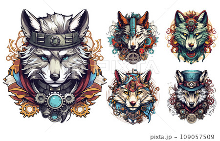 Steampunk Wolf logo emblem templates set. Colored vintage whimsical steam punk wolf logo collection. 109057509