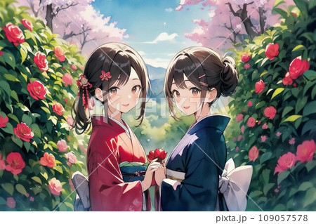 着物の女の子たちと花 109057578