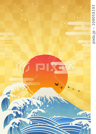 波と富士山と初日の出のイラスト_縦1 波と富士山と初日の出のイラスト_縦1 109058193