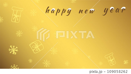 Happy new year golden banner horizontal. Vector illustration. Design with gifts and snowflakes. 109058262