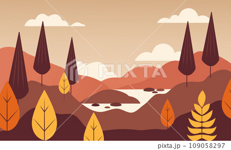 Autumn landscape with trees, hills, fields, bushes. Countryside landscape. Autumn background. Vector illustration 109058297