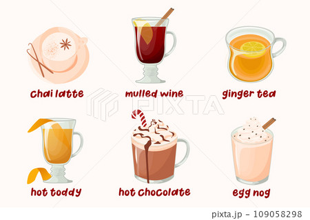 Set of delicious hot drinks for winter time. Chai Latte, Mulled Wine, Ginger Tea, Hot Toddy, Hot Chocolate, Egg Nog. Vector illustrations isolated on white background. 109058298