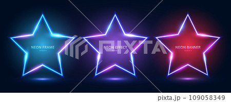 A set of three neon frames in the shape of a star with shining effects and highlights on a dark blue background. 109058349