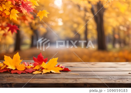 Wooden table and blurred Autumn background. Autumn concept 109059183