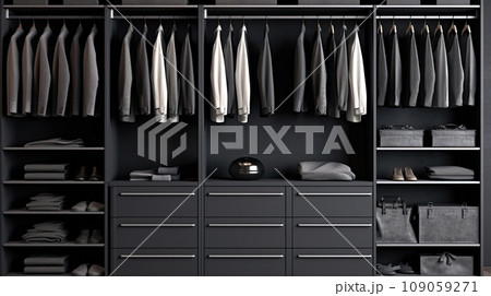 An elegant, minimalist dark wood men's dressing room with clothes hanging, shelves and drawers. An elegant, minimalist dark wood men's dressing room with clothes hanging, shelves and drawers. 109059271