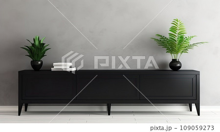 Black wooden chest of drawers against a concrete wall. Black wooden chest of drawers against a concrete wall. 109059273