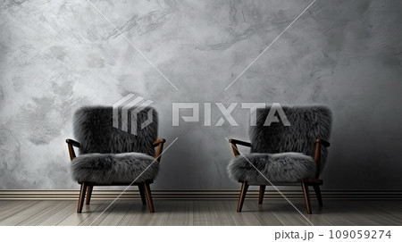 Two black fluffy fur armchair made of sheepskin against a background of dark plaster wall with copy space. 109059274