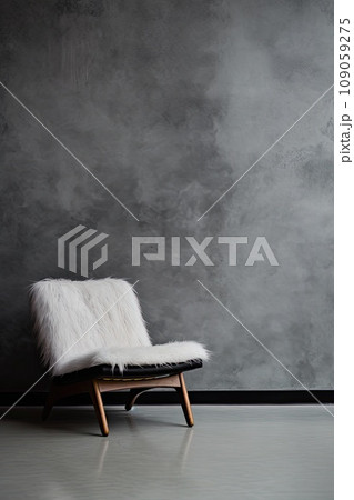 White fluffy fur armchair made of sheepskin against a background of dark plaster wall with copy space. 109059275