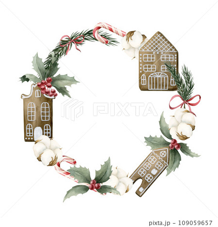 Wreath of gingerbread houses with white icing, cotton, pine branches, holly, red ribbon bow and candy canes. Watercolor illustration isolated on white background for winter holidays design. Wreath of gingerbread houses with white icing, cotton, pine branches, holly, red ribbon bow and candy canes. Watercolor illustration isolated on white background for winter holidays design. 109059657