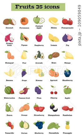 Fruits Icons set 35 types of colorful Fruits with names. Fruits Icons set 35 types of colorful Fruits with names. 109059849