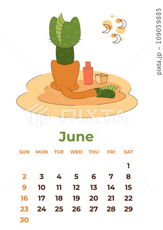June 2024. Calendar sheet with a cute cat in a dragon costume sitting with his back to us. Cartoon vector illustration. 109059885