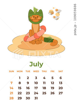 July 2024. Calendar sheet with a cute cat in a dragon costume with a lifebuoy. Cartoon vector illustration. 109059886